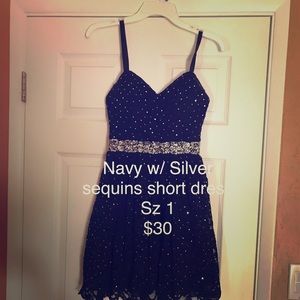 Junior short dress Navy w/ silver sequins